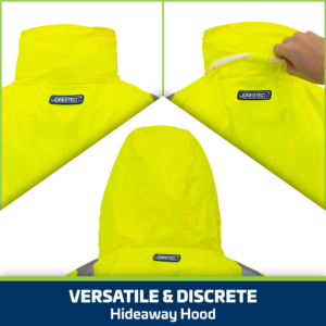 Mostrando cómo ocultar la capucha escondible en el impermeable de seguridad reflectante impermeable