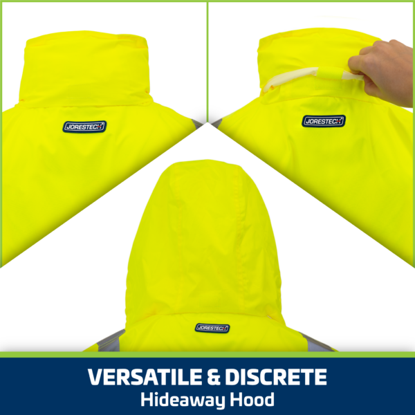 Mostrando cómo ocultar la capucha escondible en el impermeable de seguridad reflectante impermeable
