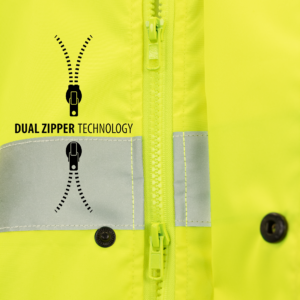 Primer plano de las cremalleras de alta calidad del impermeable amarillo de alta visibilidad JORESTECH con tiras reflectantes. Muestra que la cremallera se puede abrir tanto desde la parte inferior como desde la superior.