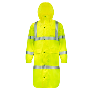 Vista frontal del impermeable JORESTECH de alta visibilidad color lima con tiras reflectantes de 2 pulgadas y capucha