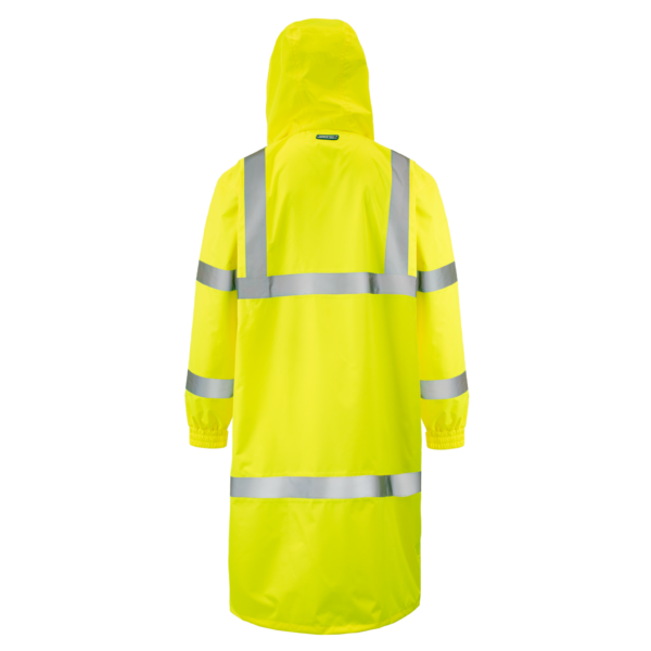 Vista trasera del impermeable amarillo JORESTECH con tiras reflectantes de 2 pulgadas