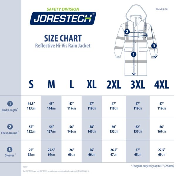 Tabla de tallas de la chaqueta impermeable de seguridad JORESTECH para protección vial