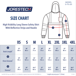 Tabla de tallas de la camiseta de seguridad de manga larga JORESTECH® de alta visibilidad con cintas reflectantes y capucha