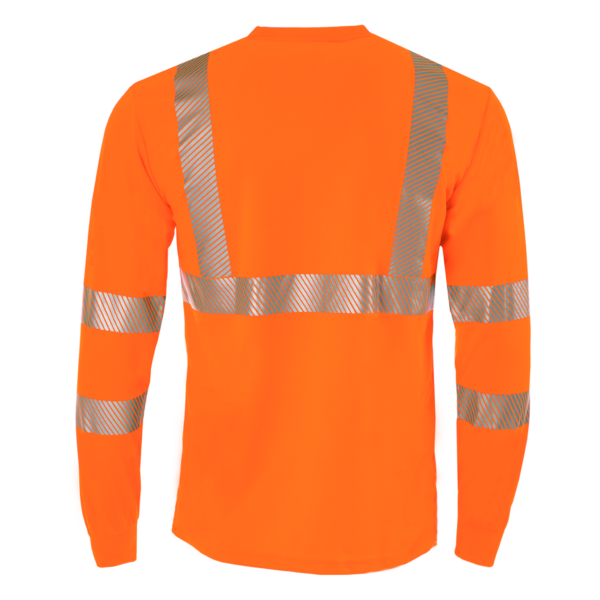 Vista trasera de la camisa de seguridad de manga larga con bolsillo JORESTECH Hi-Vis naranja, reflectante por transferencia térmica