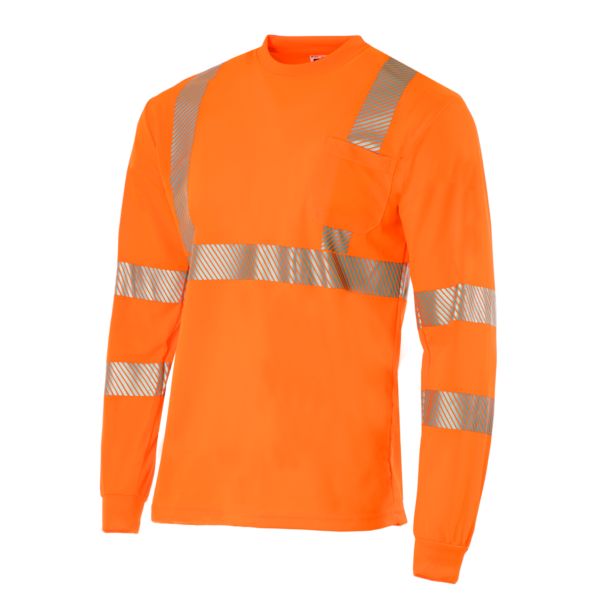 Diagonal de la camisa de seguridad de manga larga con bolsillo y transferencia térmica reflectante naranja Hi-Vis de JORESTECH, conforme a ANSI, tipo R, clase 3
