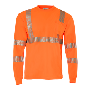 Vista frontal de la camiseta de seguridad transpirable de manga larga JORESTECH Hi-Vis naranja con transferencia térmica reflectante y bolsillo