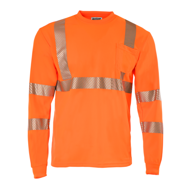 Vista frontal de la camiseta de seguridad transpirable de manga larga JORESTECH Hi-Vis naranja con transferencia térmica reflectante y bolsillo
