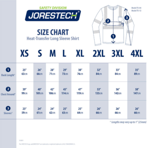 Tabla de tallas de la camisa de seguridad ANSI de manga larga reflectante por transferencia de calor JORESTECH
