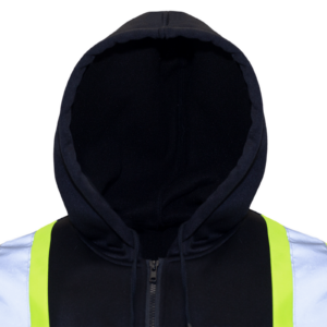 Primer plano para mostrar la capucha ajustable del suéter de seguridad JORESTECH con franjas reflectantes