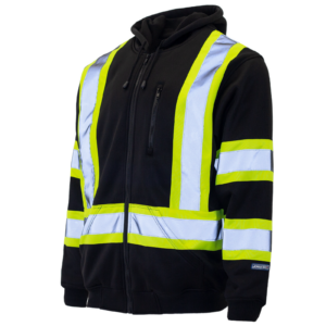 Vista diagonal de la sudadera con capucha de seguridad JORESTECH de alta visibilidad en negro y amarillo con franjas reflectantes