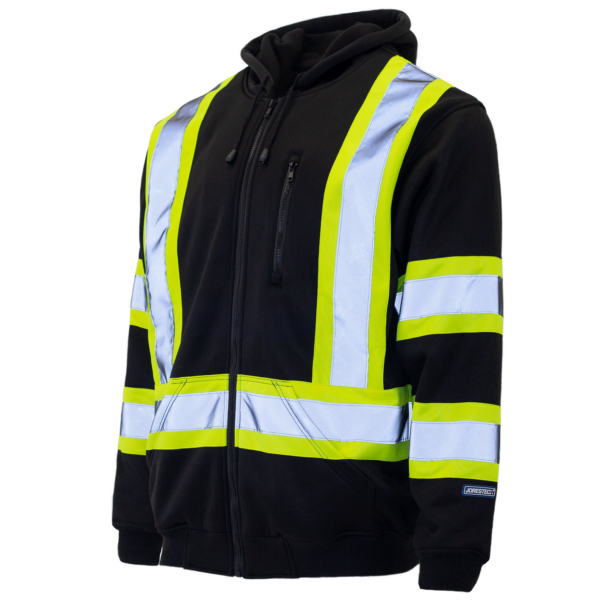 Vista diagonal de la sudadera con capucha de seguridad JORESTECH de alta visibilidad en negro y amarillo con franjas reflectantes
