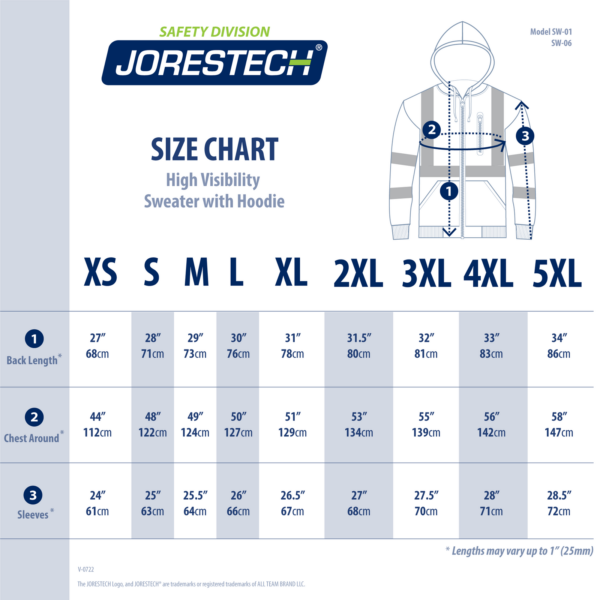 Tabla de tallas de las sudaderas de seguridad con capucha de alta visibilidad y franjas reflectantes