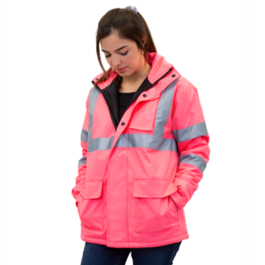 Mujer llevando la chaqueta de seguridad rosa de alta visibilidad Jorestech con tiras reflectantes