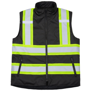 Vista frontal del chaleco de seguridad reversible acolchado negro JORESTECH® con tiras reflectantes