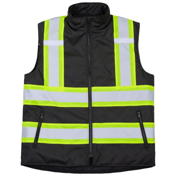 Vista frontal del chaleco de seguridad reversible acolchado negro JORESTECH® con tiras reflectantes