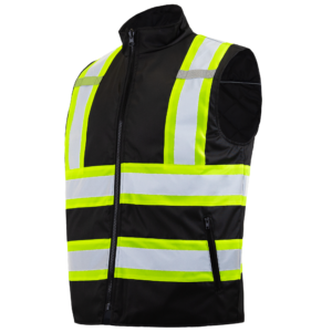 Vista diagonal del chaleco de seguridad reversible aislante negro JORESTECH® con franjas reflectantes ANSI clase 1 tipo O