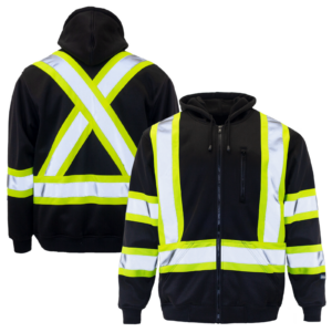 Vista frontal y trasera de la sudadera con capucha de seguridad negra de alta visibilidad con franjas reflectantes