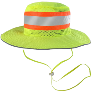 Presenta el sombrero boonie de seguridad de dos tonos de alta visibilidad con franjas reflectantes y una correa de barbilla ajustable para adaptar la talla