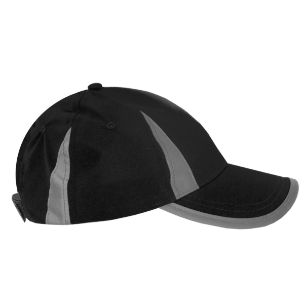 Vista lateral de la gorra de seguridad JORESTECH negra de alta visibilidad con bandas reflectantes