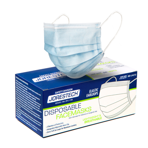 Una caja de 50 unidades de mascarillas desechables JORESTECH de 3 capas para protección respiratoria
