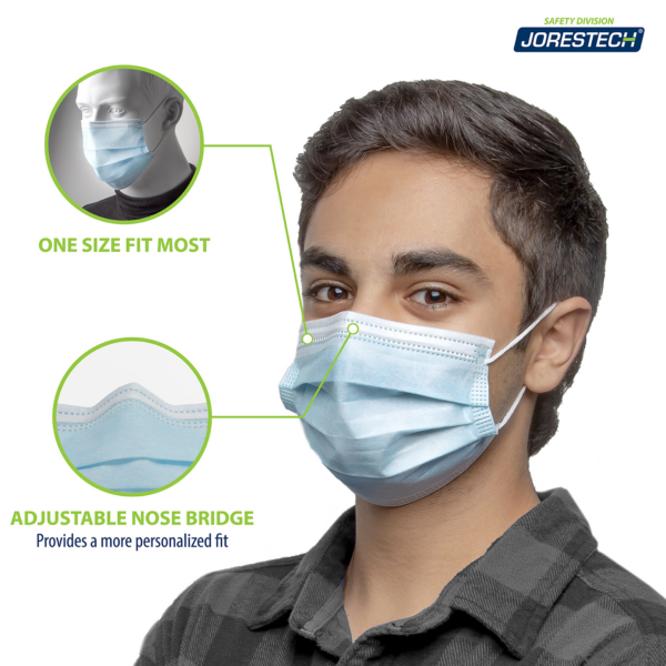 Un hombre con la mascarilla de seguridad de 3 capas y los textos indican: talla única para la mayoría y puente nasal ajustable, ofrece un ajuste más personalizado.