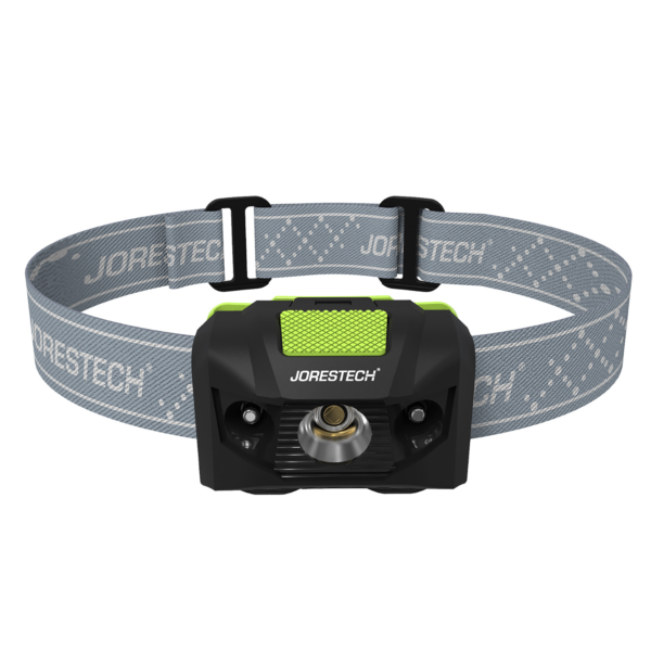 Linterna frontal LED JORESTECH negra resistente al agua con banda elástica ajustable gris claro