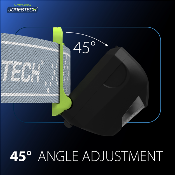 Muestra la lámpara frontal JORESTECH® inclinada 45 grados para ajuste de ángulo.