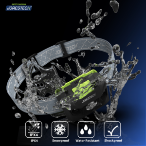 Lámpara frontal negra salpicada con agua para mostrar que es resistente al agua, a la nieve y a los golpes