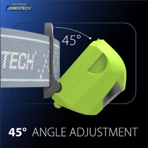Muestra la lámpara frontal JORESTECH® inclinada 45 grados para el ajuste del ángulo.