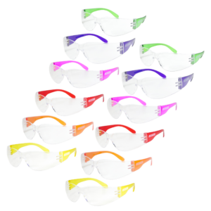 paquete de 12 gafas de seguridad multicolor JORESTECH para niños. En el set hay 2 gafas de los siguientes colores: amarillo, naranja, rojo, rosa, azul y verde.