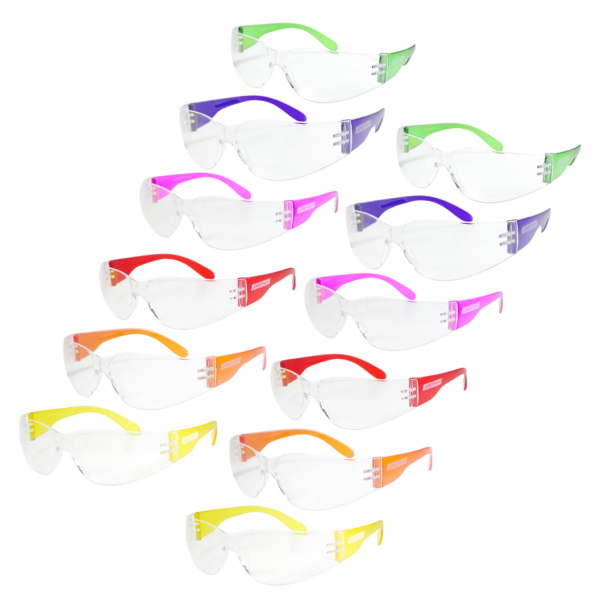 paquete de 12 gafas de seguridad multicolor JORESTECH para niños. En el set hay 2 gafas de los siguientes colores: amarillo, naranja, rojo, rosa, azul y verde.