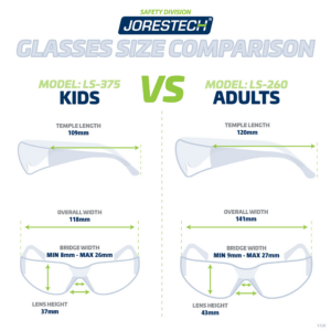 Diagrama comparativo entre los lentes de seguridad JORESTECH 375 para niños y los lentes de seguridad JORESTECH 260 para adultos. El texto para niños indica: longitud de la patilla 109 mm, ancho total 118 mm, altura de la lente 37 mm y ancho del puente máximo y mínimo de 26 mm y 8 mm. El texto para adultos indica: longitud de la patilla 120 mm, ancho total 141 mm, altura de la lente 43 mm y ancho del puente máximo y mínimo de 27 mm y 9 mm