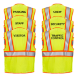 Imagen de 6 chalecos de seguridad JORESTECH en color lima y naranja sobre fondo blanco. Cada chaleco tiene una impresión diferente que dice: control de tráfico, seguridad, visitante, estacionamiento, personal y equipo.
