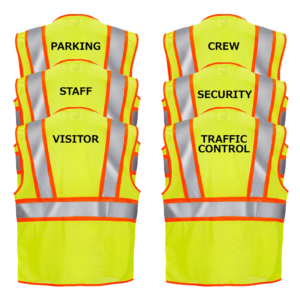 Imagen de 6 chalecos de seguridad JORESTECH en color lima y naranja sobre fondo blanco. Cada chaleco tiene una impresión diferente que dice: control de tráfico, seguridad, visitante, estacionamiento, personal y equipo.