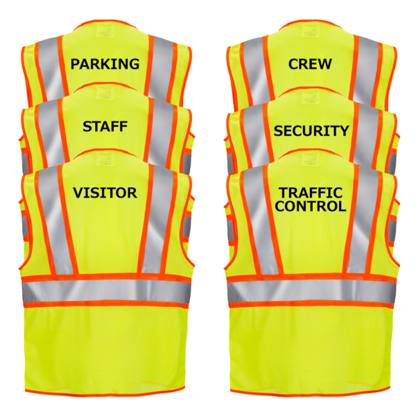 Imagen de 6 chalecos de seguridad JORESTECH en color lima y naranja sobre fondo blanco. Cada chaleco tiene una impresión diferente que dice: control de tráfico, seguridad, visitante, estacionamiento, personal y equipo.