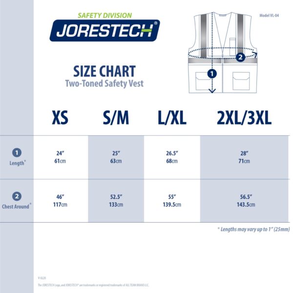 Imagen de la tabla de tallas del chaleco de seguridad de alta visibilidad JORESTECH con bandas reflectantes