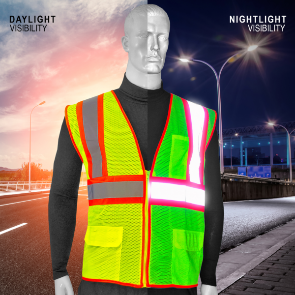 Maniquí que lleva un chaleco de seguridad de alta visibilidad estampado, comparando lo brillante que se ve durante el día y la noche