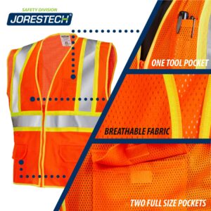 Imagen del chaleco de seguridad naranja con 3 elementos destacados: un bolsillo para herramientas, tejido transpirable y dos bolsillos de tamaño completo.
