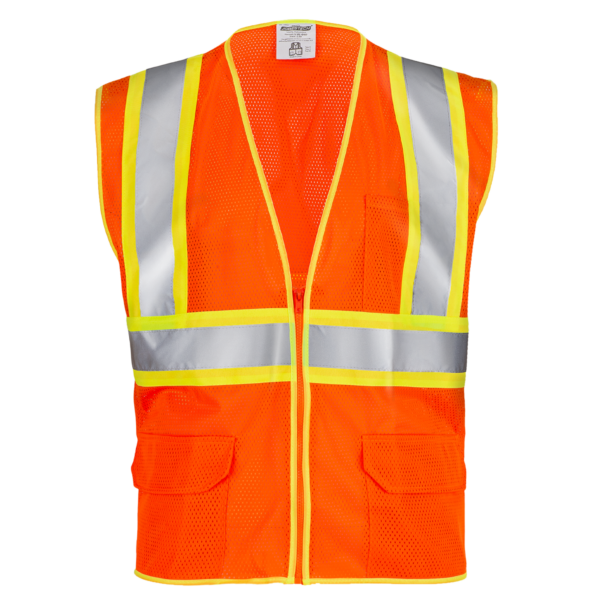 Vista frontal del chaleco de seguridad de malla naranja de alta visibilidad bicolor con tiras reflectantes de 2 pulgadas y bolsillos sobre fondo blanco