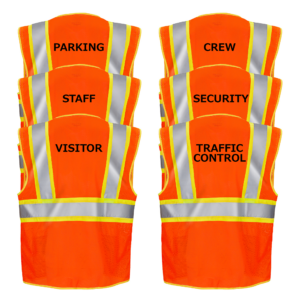 Imagen de 6 chalecos de seguridad JORESTECH en naranja y lima impresos sobre fondo blanco. Cada chaleco tiene un estampado diferente que dice: control de tráfico, seguridad, visitante, estacionamiento, personal y equipo.