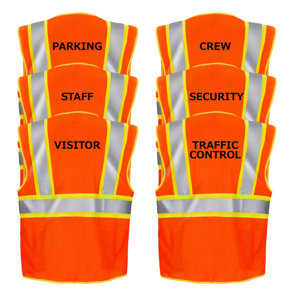 Imagen de 6 chalecos de seguridad JORESTECH en naranja y lima impresos sobre fondo blanco. Cada chaleco tiene un estampado diferente que dice: control de tráfico, seguridad, visitante, estacionamiento, personal y equipo.