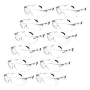 Vista diagonal de 12 gafas de seguridad panorámicas transparentes JORESTECH para protección de alto impacto. Las varillas de estas gafas conformes con ANSI tienen detalles en azul.