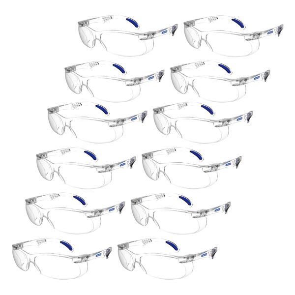 Vista diagonal de 12 gafas de seguridad panorámicas transparentes JORESTECH para protección de alto impacto. Las varillas de estas gafas conformes con ANSI tienen detalles en azul.