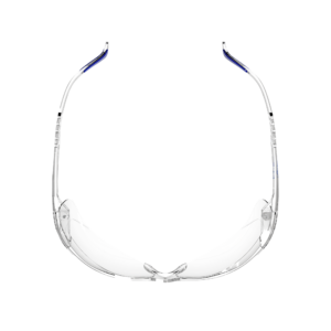 Vista superior de la gafa de seguridad panorámica transparente JORESTECH para protección contra alto impacto. Las patillas de estas gafas que cumplen con ANSI tienen detalles en azul.