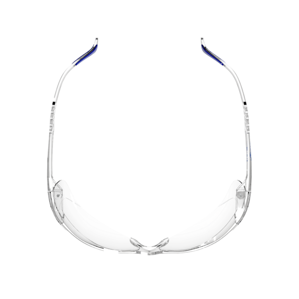 Vista superior de la gafa de seguridad panorámica transparente JORESTECH para protección contra alto impacto. Las patillas de estas gafas que cumplen con ANSI tienen detalles en azul.