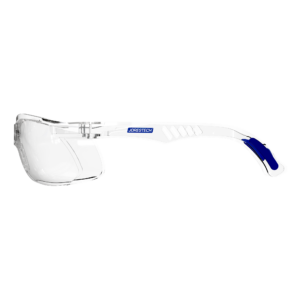 Vista lateral de las gafas panorámicas transparentes JORESTECH para protección contra impactos altos. Las patillas de estas gafas que cumplen con la norma ANSI tienen detalles en azul.
