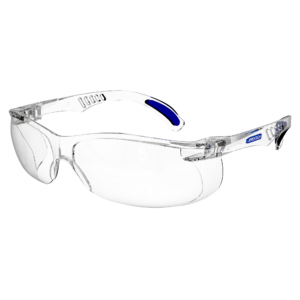 Vista diagonal de las gafas panorámicas de seguridad JORESTECH transparentes para protección contra alto impacto. Las varillas de estas gafas con cumplimiento ANSI tienen detalles en azul.