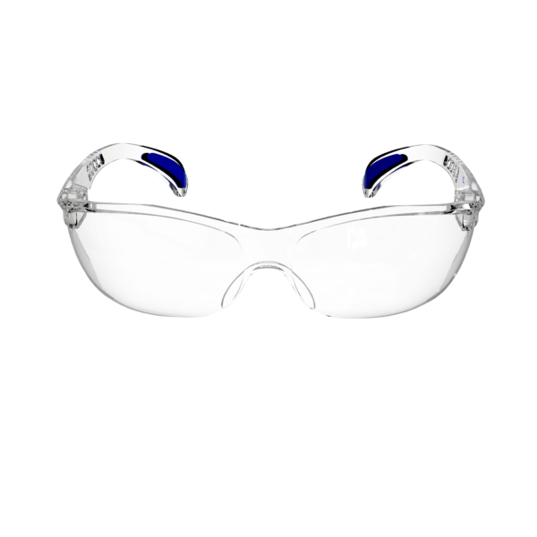 Vista frontal de las gafas panorámicas de seguridad transparentes JORESTECH para protección contra impactos fuertes. Las patillas de estas gafas compatibles con ANSI tienen detalles en azul.
