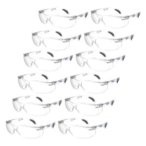 Vista diagonal de 12 gafas de seguridad panorámicas JORESTECH transparentes con protectores laterales para protección contra altos impactos. Las patillas de estas gafas que cumplen con la norma ANSI tienen detalles en negro.