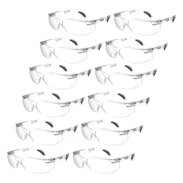 Vista diagonal de 12 gafas de seguridad panorámicas JORESTECH transparentes con protectores laterales para protección contra altos impactos. Las patillas de estas gafas que cumplen con la norma ANSI tienen detalles en negro.
